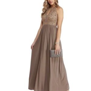 Elegant Brown Lace Evening Gown